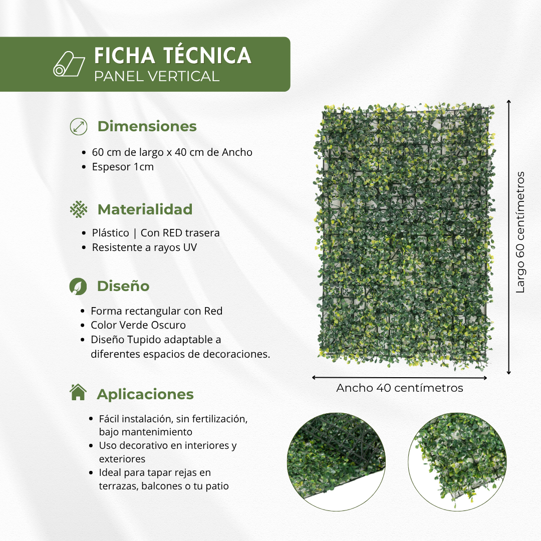 Jardín Vertical Panel Artificial Verde 60 × 40 cm con Protección UV